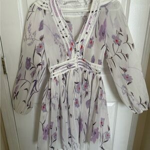 White Floral V-Neck Chiffon Dress with Lavender Accents